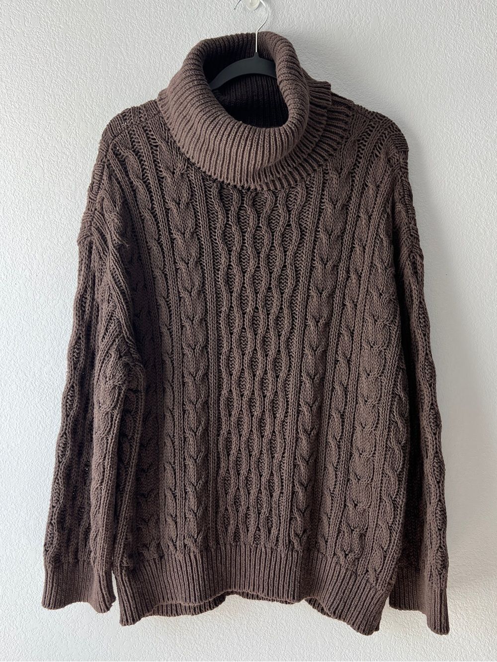 Pilcro XL Chocolate Brown Cable Knit Oversized Turtleneck Chunky Sweater - Picture 2 of 6